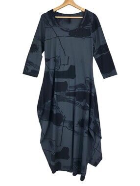 Porto Gray Abstract Sculptural Balloon Hem Stretch Knit Maxi Lagenlook Dress 2